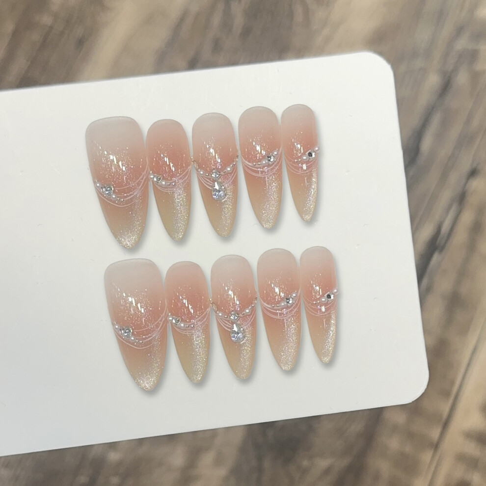 Dachuang Beauty (1181 Long Almond, M) 10Pcs Cat Eye False Nails With Rhinestones