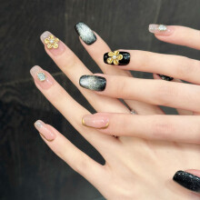 (3064) 10PCS Pink&Black Almond False Nails, Natural & Durable