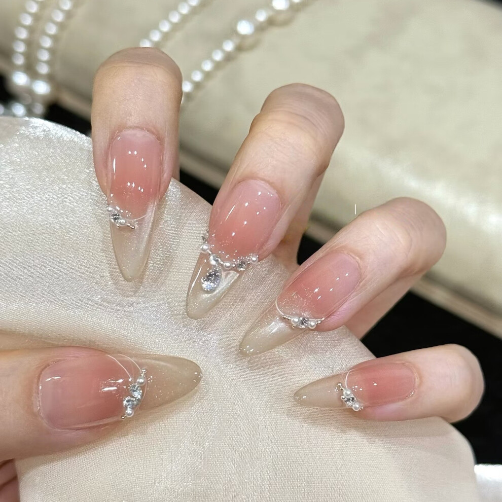 Dachuang Beauty (1181 Long Almond, S) 10Pcs Cat Eye False Nails With Rhinestones