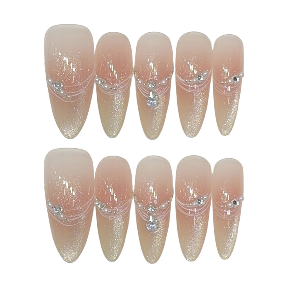 Dachuang Beauty (1181 Long Almond, L) 10Pcs Cat Eye False Nails With Rhinestones