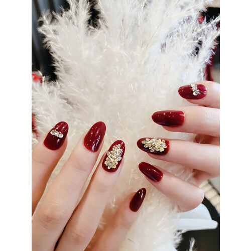 Burgundy Rhinestone False Nails - Reusable & Elegant