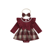 (6-12 Months, Red) Éadaí do Chailín, Gúna Romper Plaid A-líne le Muinchille Fada agus Banda Bogha