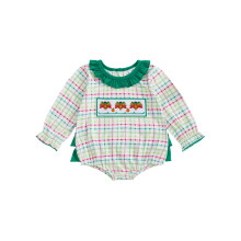 (6-12 Months, Green) Dievčenský overal, dlhý rukáv, okrúhly výstrih, kockovaná výšivka, morčacie body, oblečenie na vďakyvzdanie
