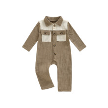 (3-6 Months, Light Brown) Kombinezon niemowlęcy z klapami i kieszeniami, modny, kontrastowy kolor, długi rękaw, zapinany na guziki