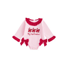 (3-6 Months, Red) Romper Ruffle do Chailín Leanbh, Leapa Muinchille Fada Bróidnéireachta Cána Candy Nollag Faiseanta