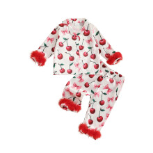 (3-6 Months, Red) Tyttöjen syksyinen pyjama-setti, pitkähihainen, sydän-/kirsikkakuvioinen turkisreunus, topit ja housut, yöasut