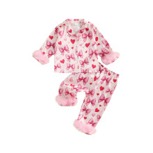 (12-18 Months, Pink) Tyttöjen syksyinen pyjama-setti, pitkähihainen, sydän-/kirsikkakuvioinen turkisreunus, topit ja housut, yöasut