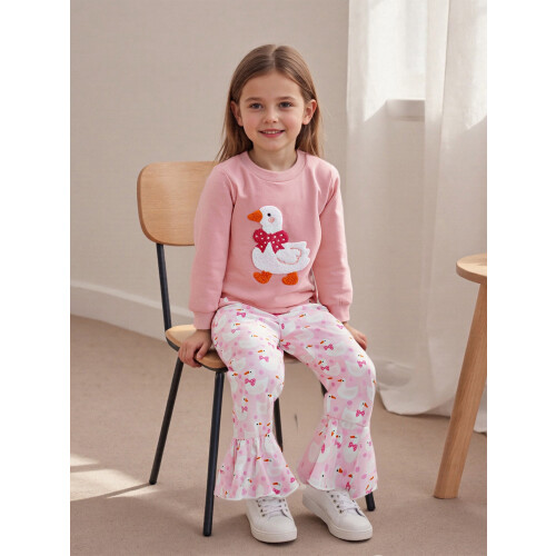 (18-24 Months, Pink) Σετ παντελονιών κοριτσιών, φούτερ μακρύ μανίκι με κέντημα χήνας 2