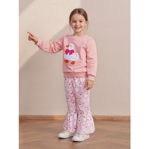 (4-5 Years, Pink) Σετ παντελονιών κοριτσιών, φούτερ μακρύ μανίκι με κέντημα χήνας 2