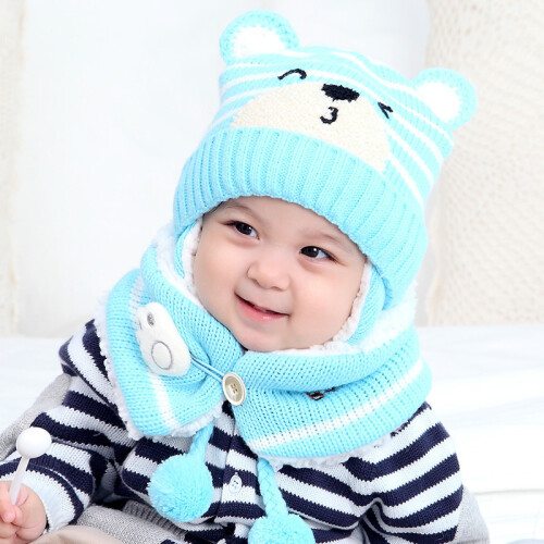 (Blue) Kids Bear Knit Hat Scarf Set