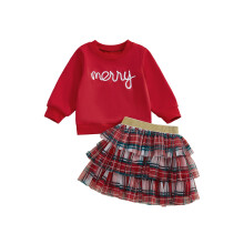 (18-24 Months, Red) Strój dla dziewczynki, bluza z długim rękawem, haftowane litery, spódnica w kratę, dwuczęściowy.