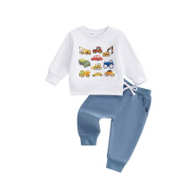 (2-3 Years, Blue) Peuterjongen herfstoutfit: trui met lange mouwen en ronde hals + broek met elastische taille (2-delige set)