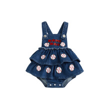 (0-3 Months, Red) Gúna Romper Denim do Chailín Leanbh le Bróidnéireacht Daorchluiche/Peile agus Leadóg Jeans Gan Smál