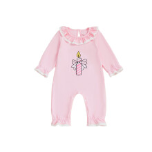 (6-12 Months, Pink) Kombinezon urodzinowy dla dziewczynki z nadrukiem świec, falbanką i długim rękawem, z modnym nadrukiem bąbelków