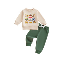 (18-24 Months, Green) Peuterjongen herfstoutfit: trui met lange mouwen en ronde hals + broek met elastische taille (2-delige set)