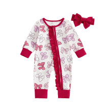 (12-18 Months, Red) Éadaí Fómhar do Chailín Leanbh, Jumpsuit Muinchille Fada le Prionta Bogha agus Banda Ceann Bogha Éadaí Linbh