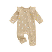 (0-3 Months, Khaki) Jumpsuit Cailíní Leanbh, Muineál Fada le Prionta Bláthanna le Dúnadh Zipper, Éadaí Romper Ócáideacha