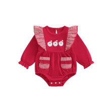 (12-18 Months, Red) Romper Nollag do Chailín Leanbh Santa le Appliqué Plaid agus Ruffle Trim Fada Éadaí Geimhridh Gleoite