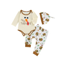 (3-6 Months, Beige) Ubranka dla niemowląt na Święto Dziękczynienia, kombinezon z długim rękawem, długie spodnie i czapka, 3 sztuki