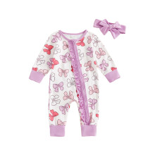 (0-3 Months, Purple) Éadaí Fómhar do Chailín Leanbh, Jumpsuit Muinchille Fada le Prionta Bogha agus Banda Ceann Bogha Éadaí Linbh