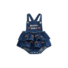 (3-6 Months, Brown) Gúna Romper Denim do Chailín Leanbh le Bróidnéireacht Daorchluiche/Peile agus Leadóg Jeans Gan Smál
