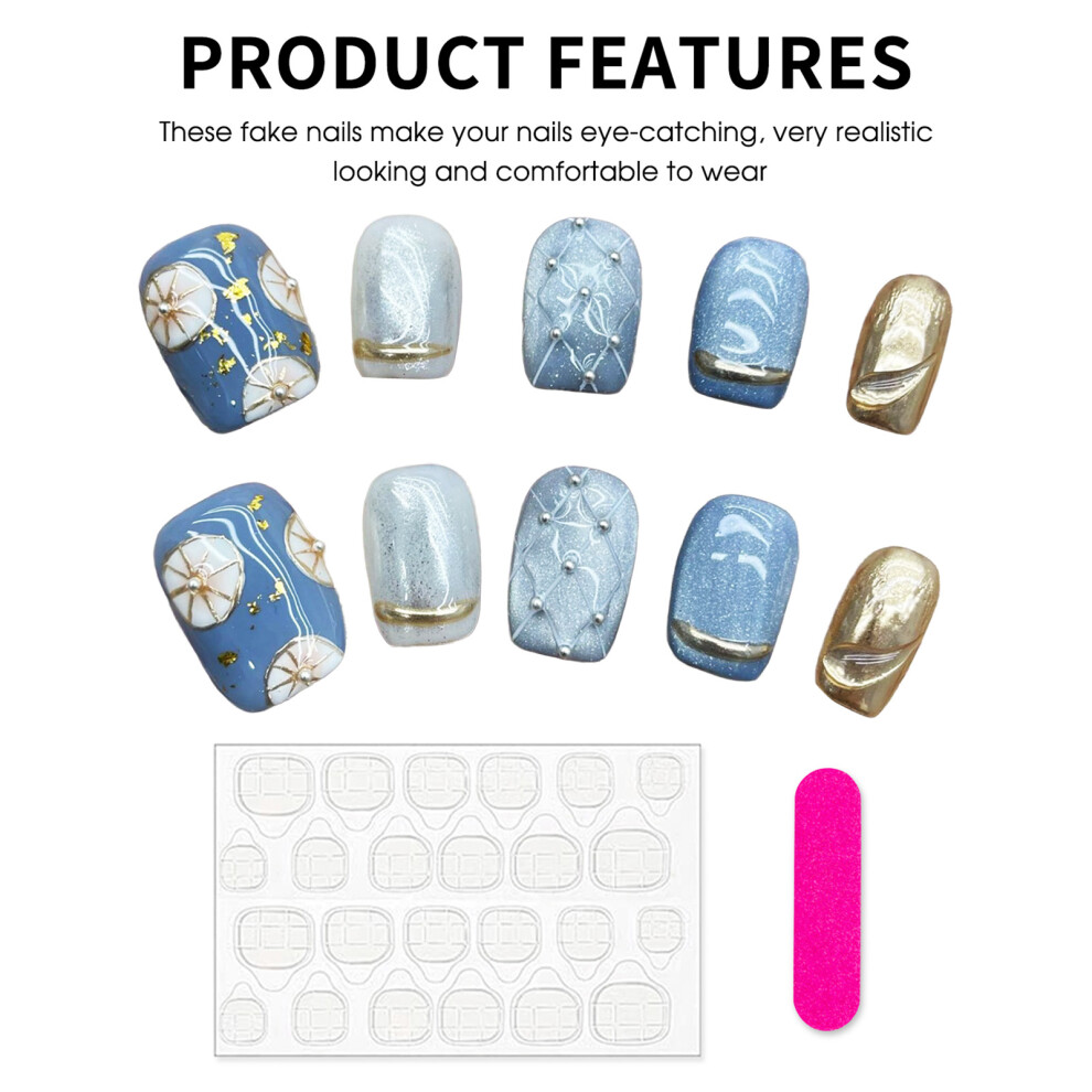 Zhouq-Outdoors (Xs) Boho Blue French Fake Nails - 10Pcs