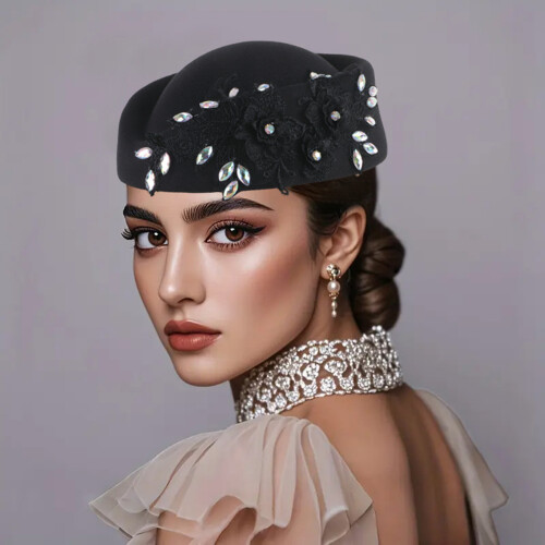 (Black) Wool Beret Cap with Rhinestone for Cosplay