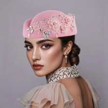 (Pink) Wool Beret Cap with Rhinestone for Cosplay