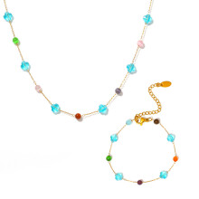 (Blue Necklace) Colorful Stone Necklace & Bracelet Gift Set