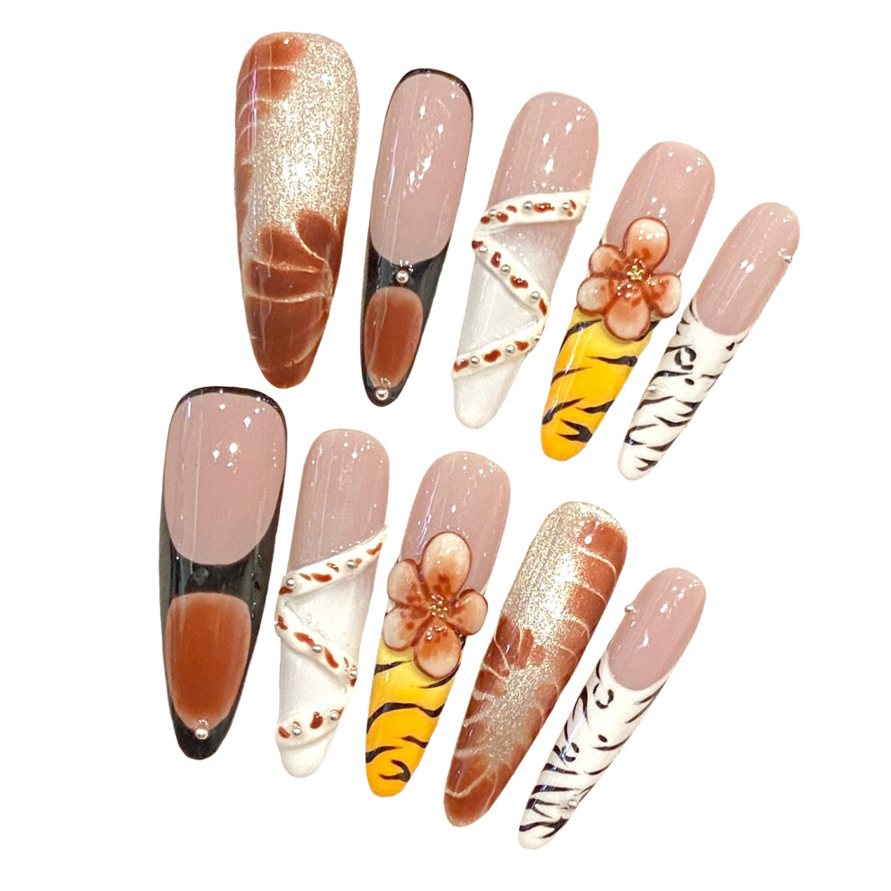 Zhouq-Outdoors (2633 Thin Dog Tip) 10Pcs Leopard Floral Fake Nails For Sensitive Skin