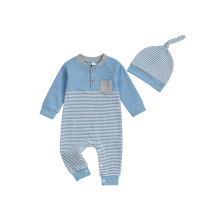 (12-18M, Blue) Salopetă pentru bebeluși cu mânecă lungă, model vafat, cu dungi și buzunar, set de 2 buc.
