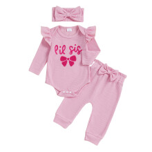 (3-6 Months, Pink) Zestaw ubranek dla dziewczynki, długi rękaw, haft, kombinezon i opaska, 3 szt., jesienne stroje
