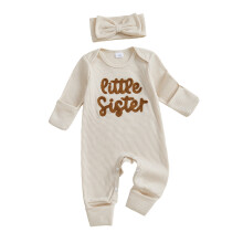(0-3 Months, Apricot) Modischer Baby-Mädchen-Strampler mit Buchstabenstickerei, langen Ärmeln und passendem Stirnband