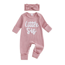 (Newborn, Pink) Modischer Baby-Mädchen-Strampler mit Buchstabenstickerei, langen Ärmeln und passendem Stirnband