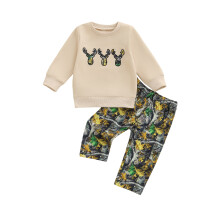 (6-12 Months, Apricot) Peuter/babyjongens herfstset: modieuze trui met lange mouwen en geborduurd hertenkopje, bijpassende broek, 2-delig.