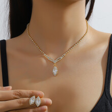 (Gold) Full Diamond Necklace Earring Set Charm Horse-Eyes Shape Pendant Earrings for Mother\'s Day Gift Birthday Anniversary