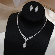 (Silver) Full Diamond Necklace Earring Set Charm Horse-Eyes Shape Pendant Earrings for Mother\'s Day Gift Birthday Anniversary