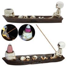 Skull Boat Incense Holder Ghost Fishing On Boat Incense Burner Creative Skeleton Statue Incense Stand for Bedroom Living Room