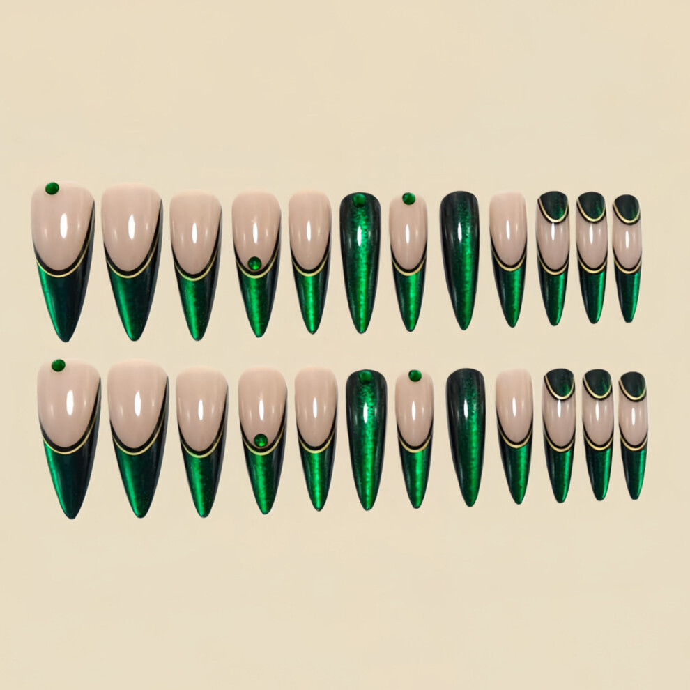 Hue-Grain 24Pcs French Cat Eye Fake Nails With Rhinestones