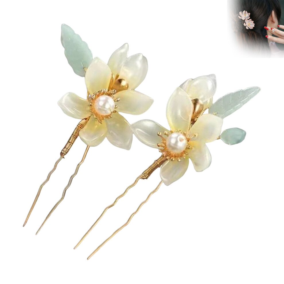 Reach-Tools (Yellow) Glazed Flower Hairpins Set - 1 Pair U-Shaped
