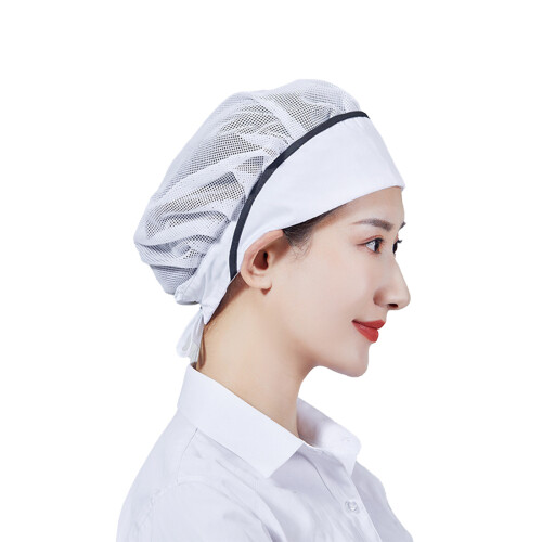 (White black stripes) Chef Mesh Cap - Durable Polyester for Kitchens & Restaurants