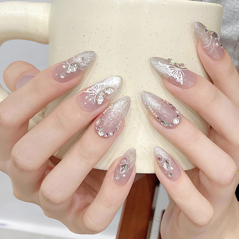 Penghui-Toys (1585) Pink Fake Nails With Glitter Tip Decor Long Lasting Safe Material Waterproof False Nails For Stage Performance Wear