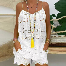 (White, L) Women\'s Summer 2-Piece Outfit with V-Neck Top & Shorts