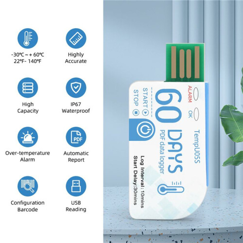 10st TempU05s USB Temperatur Data Logger 60 Day Single Use Temperature Analyzer PDF Rapport USB Temperatur Logger 2