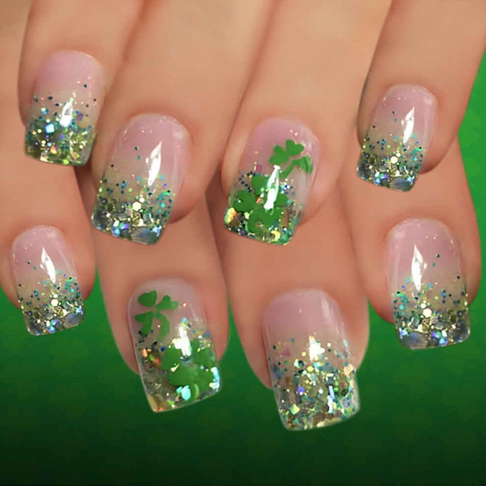Hue-Grain 24Pcs Green Glitter French False Nails