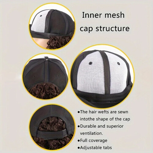 (Dark brown.) Curly Wig Baseball Cap - Natural Look, Breathable 1