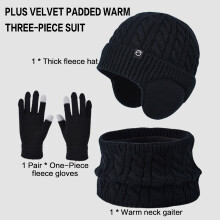 (2190-single-black) 3Pc Kids Hat Scarf Gloves Set Windproof Thick Fleece Winter Warm Ear Protection Knit Children\'s Outdoor Gear for Ages 3