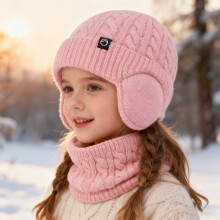 (2190-single-pink) 3Pc Kids Hat Scarf Gloves Set Windproof Thick Fleece Winter Warm Ear Protection Knit Children\'s Outdoor Gear for Ages 3