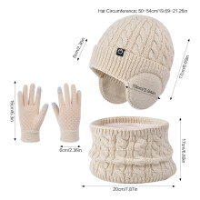 (2190-single-beige) 3Pc Kids Hat Scarf Gloves Set Windproof Thick Fleece Winter Warm Ear Protection Knit Children\'s Outdoor Gear for Ages 3