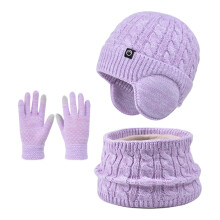 (2190-set-purple) 3Pc Kids Hat Scarf Gloves Set Windproof Thick Fleece Winter Warm Ear Protection Knit Children\'s Outdoor Gear for Ages 3